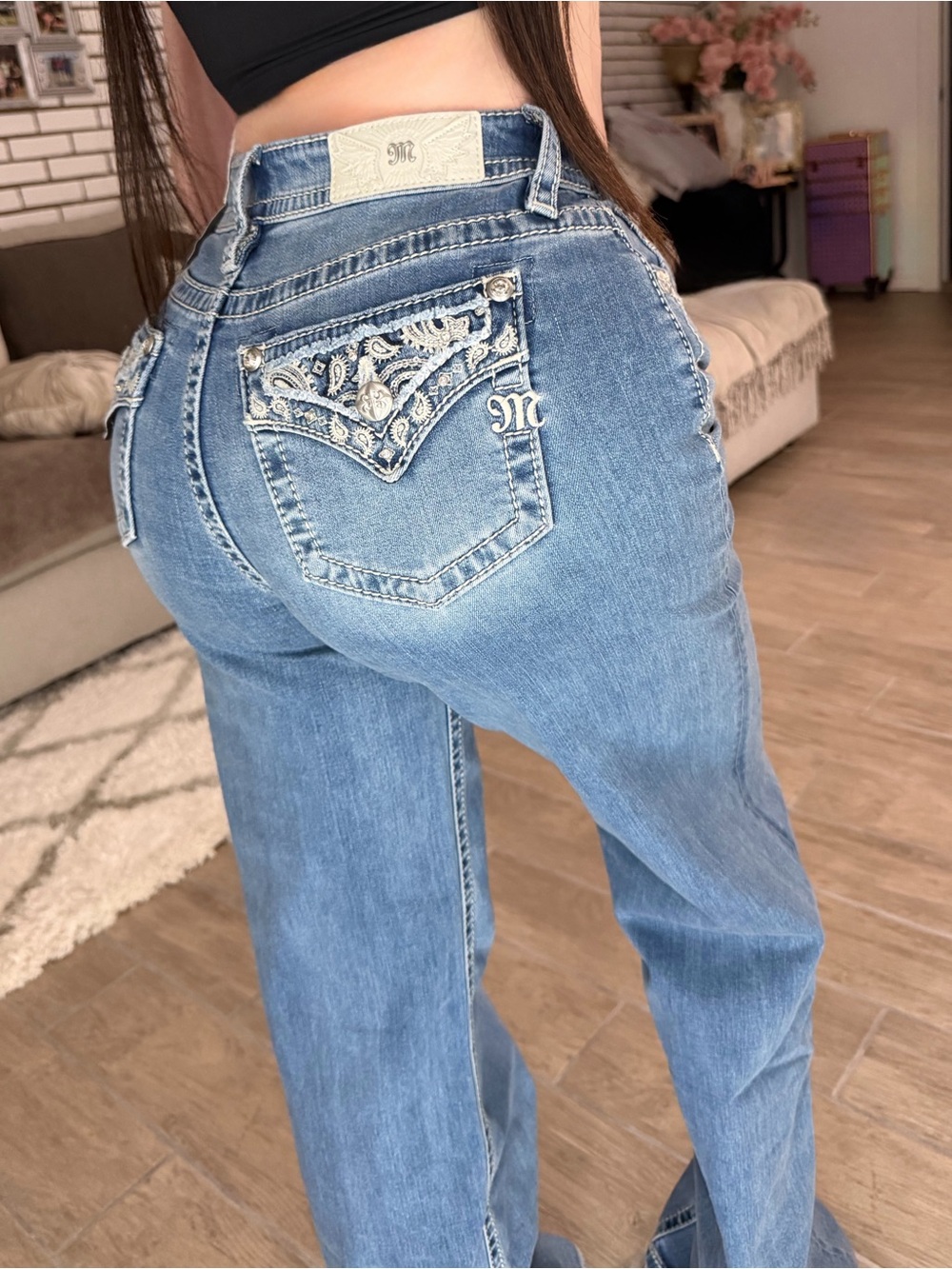 Miss Me Blue Straight-Leg Embellished Back-Pocket Jeans